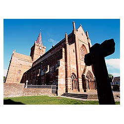 St Magnus Cathedral - Yellow red sandstone Norse Viking cathedral building and town Mercat cross  photo 