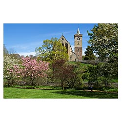 Dunblane cathedral - Church clock tower riverbank Allan Water springtime cherry blossom trees  photo 