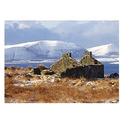 Scorra Dale - Ruined cottage landscape with snowy Hoy hills abandoned building scotland  photo 