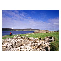 Gurness - Iron age broch defensive fortifications house ruins tourists people couple  photo 