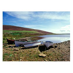 Loch of Swannay - Anglers fishing boats lochside heather hill  photo 